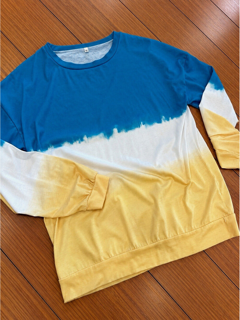 Women's Blue/White/Yellow Colorblock Crewneck Pullover Sweatshirt Cotton M